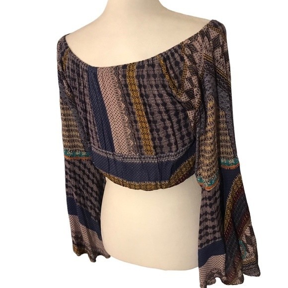 Raga Crop Top Long Bell Sleeves Elastic Neck & Hem Aztec Print Size S - Picture 6 of 8